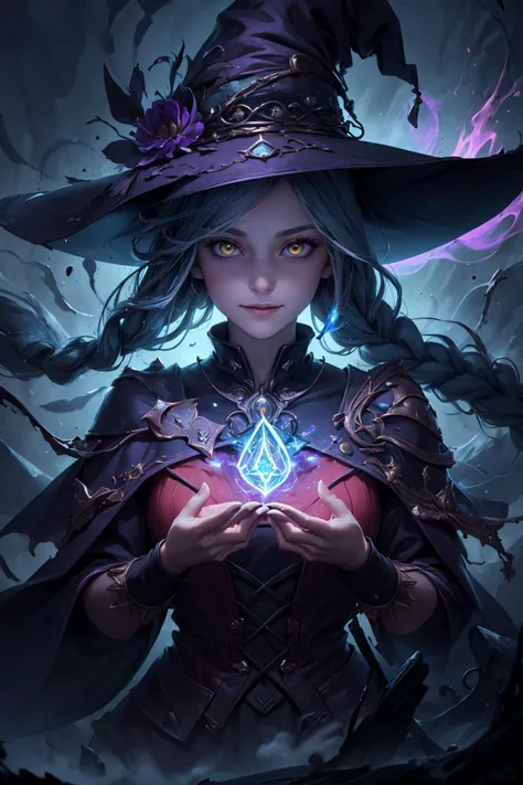 portrait, (masterpiece:1.1), (highest quality:1.1), (HDR:1.0), <lora:add_detail_v5:1> <lora:3DMM_V12:0.25>, 3DMM,
1 girl, adult (elven:0.7) woman, yellow eyes, dark red waterfall braid,
portrait, looking down, solo, upper body, detailed background, (<lora:DruidMagicAI:0.5>, DruidMagicAI, druidic theme:1.1), light smile, witch hat, witch, magical atmosphere, hair flowing in the wind, yellow trimmed dark colored clothes, colorful whirlwind of glowing spell in the air, dark magic, (style-swirlmagic:0.8), floating particles, desolate battlefield background, updraft, dim light,