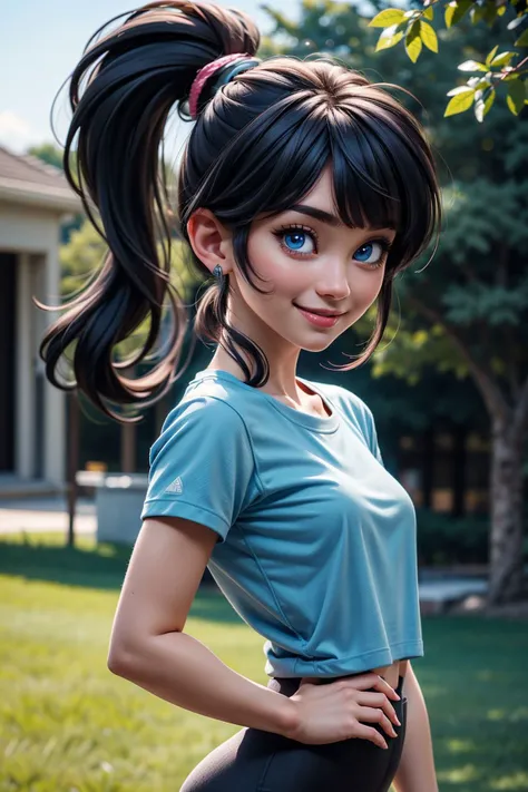 best quality, high detail, (detailed face), detailed blue eyes, masterpiece, woman, blue t-shirt, short sleeves, yoga pants, (arms at side:1.2), ponytail, blunt bangs, black hair, straight-on, standing, flat chest, outdoors, looking at viewer, smile<lora:more_details:0.5> <lyco:locon_perfecteyes_v1_from_v1_64_32:1> <lora:3DMM_V10:0.8>