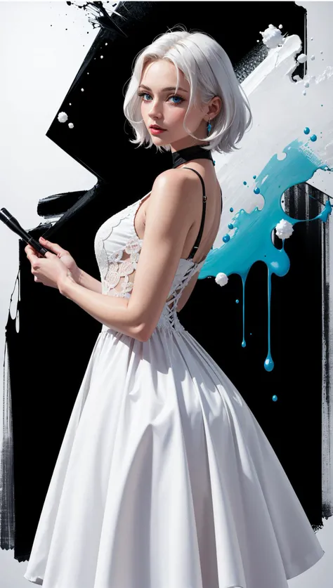 a woman with white hair and blue eyes is in a white dress with a black background and a splash of paint,