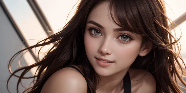 (masterpiece),((ultra-detailed)), (highly detailed CG illustration),(expressionless), (best quality:1.2),realistic8K UHD, High definition,(1girl:1.2),High quality texture, intricate details, detailed texture, finely detailed, high detail, extremely detailed cg, High quality shadow, a realistic representation of the face, Detailed beautiful delicate face, Detailed beautiful delicate eyes, brown eye pupil, a face of perfect proportion, Depth of field, Cinematic Light, Lens Flare, Ray tracing,perspective,20s, Prominent Nose, slender face, tall girl, (big eyes:1.2),blush,glossy lips, perfect body, lean body, Particles of Light,(narrow waist:1.3), medium breast, distinct_image, high_resolution, (lustrous skin), solo focus, (brown hair), (finely detailed beautiful eyes and detailed face),(detailed face), (streaked hair), light source contrast, long hair, ((smile)), (white background)