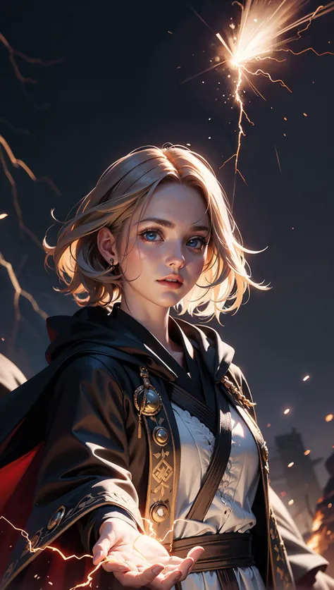 ((Portrait shot)),(masterpiece:1.5),concept art,intricate details,highly detailed,photorealistic,octane render,8k,unreal engine,dynamic pose,best quality,highres,(realistic face:1.1),(hyperrealistic:1.1),((full_body)),perfect eyes,(shiny skin:1.2),(((hairstyle))),(((perfect hands))),(extremely detailed background),((dynamic background)),((lightning)),(light rays),((1girl)),wearing cloak,(((flowing cloak))),((detailed eyes, high quality eyes, high quality face)),(extremely intricate robes, magical robes),short hair,casting lightning,electricity,swirling fire,radiating power,sparks,smoke,magic,((dramatic)),epic,battlefield,depth of field,bokeh,4k,gothic,ember,particles,