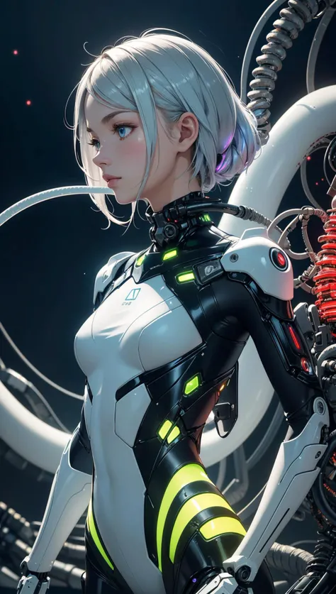 (ultra high res,photorealistic,realistic,best quality,photo-realistic),(8k, raw photo, best quality, masterpiece),(photon mapping, radiosity, physically-based rendering,automatic white balance),technological sense,best quality,masterpiece,illustration,CG,unity,wallpaper,official art,Amazing,finely detail,an extremely delicate and beautiful,extremely detailed,highly detailed,sharp focus,rich background,blurry background,(real person,photograph),(((high detailed skin,visible pores))),((small breasts)),Her face melds the grace of youth with the wonders of biotechnology. Eyes glimmer with a bio-luminescent radiance,signaling the symbiotic relationship between her and the living technology she harnesses. Her skin carries a faint,iridescent glow,revealing the intricate network of bioluminescent veins coursing beneath the surface. From her temples extend slender,tentacle-like appendages made of a combination of organic tissue and synthetic materials,serving as conduits for her bio-mechanical creations. Her upper body showcases a jumpsuit adorned with organic patterns that seamlessly merge with the mechanical components,reflecting the harmony between nature and technology. Living tendrils entwine around her,aiding her in engineering marvels beyond imagination.,