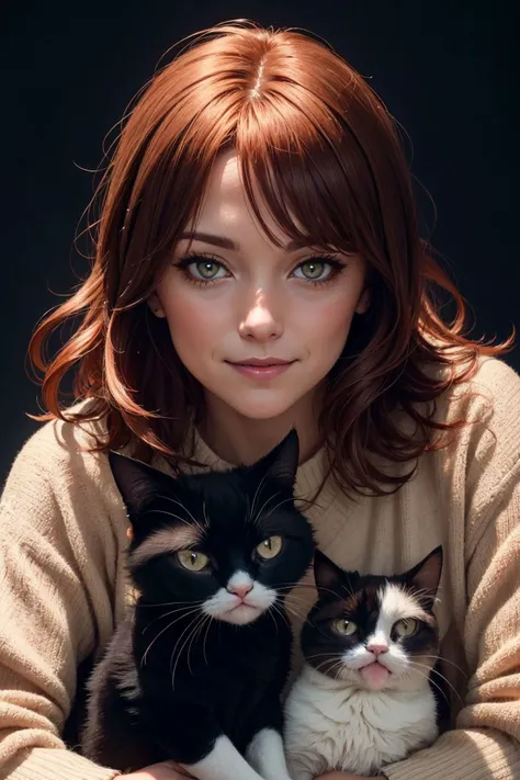moody instagram photo, closeup face photo of 42 years old woman, dressed in comfy oversized sweater, dirty fiery red hair, color gradient, bright tips of hair, fair pale skin, happy, cute smile, cuddling with her kitten, grumpy cat, soft fur, beautiful hazelnut eyes, hard shadows, dark, nighttime, overexposed filter, <lora:epi_noiseoffset2:0.7>