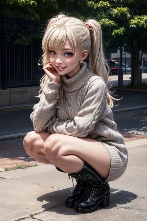 (masterpiece, top quality, best quality, official art, beautiful and aesthetic:1.2) , 27yo american woman, (joy, contagious smile), Squatting down low with hands on knees, Sweater dress and knee-high boots, Pigtails, (Platinum blonde), outside, University campus, (high detailed skin:1.2), <lora:more_details:0.75>