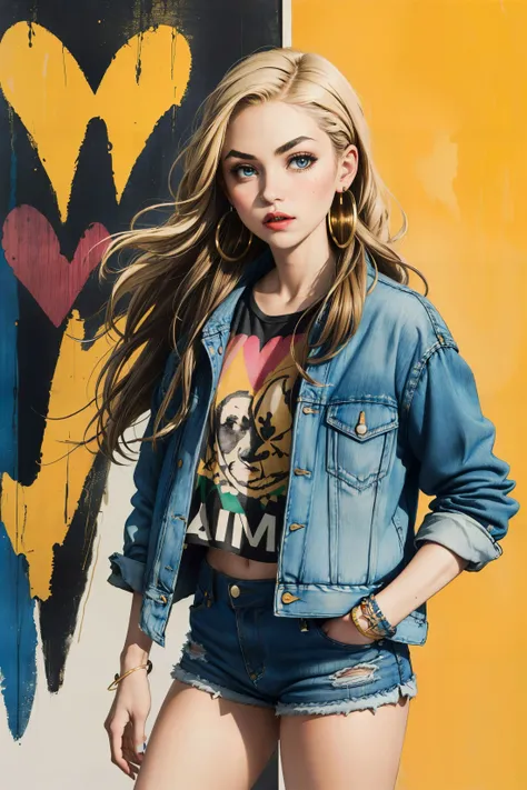 (masterpiece:1.4, best quality), (intricate details), unity 8k wallpaper, ultra detailed, a Cayman Islander girl, Amusement, Pop art itself as a subject, Denim jacket, graphic tee, and shorts, long hair, very long hair, medium blonde, Hoop earrings, Bold and dramatic brows with a defined arch, (Contemporary), (Jim Dine:1.4), (Pop art fashion illustrations:1), <lora:more_details:0.35> <lora:Ukiyo-e:0.4>