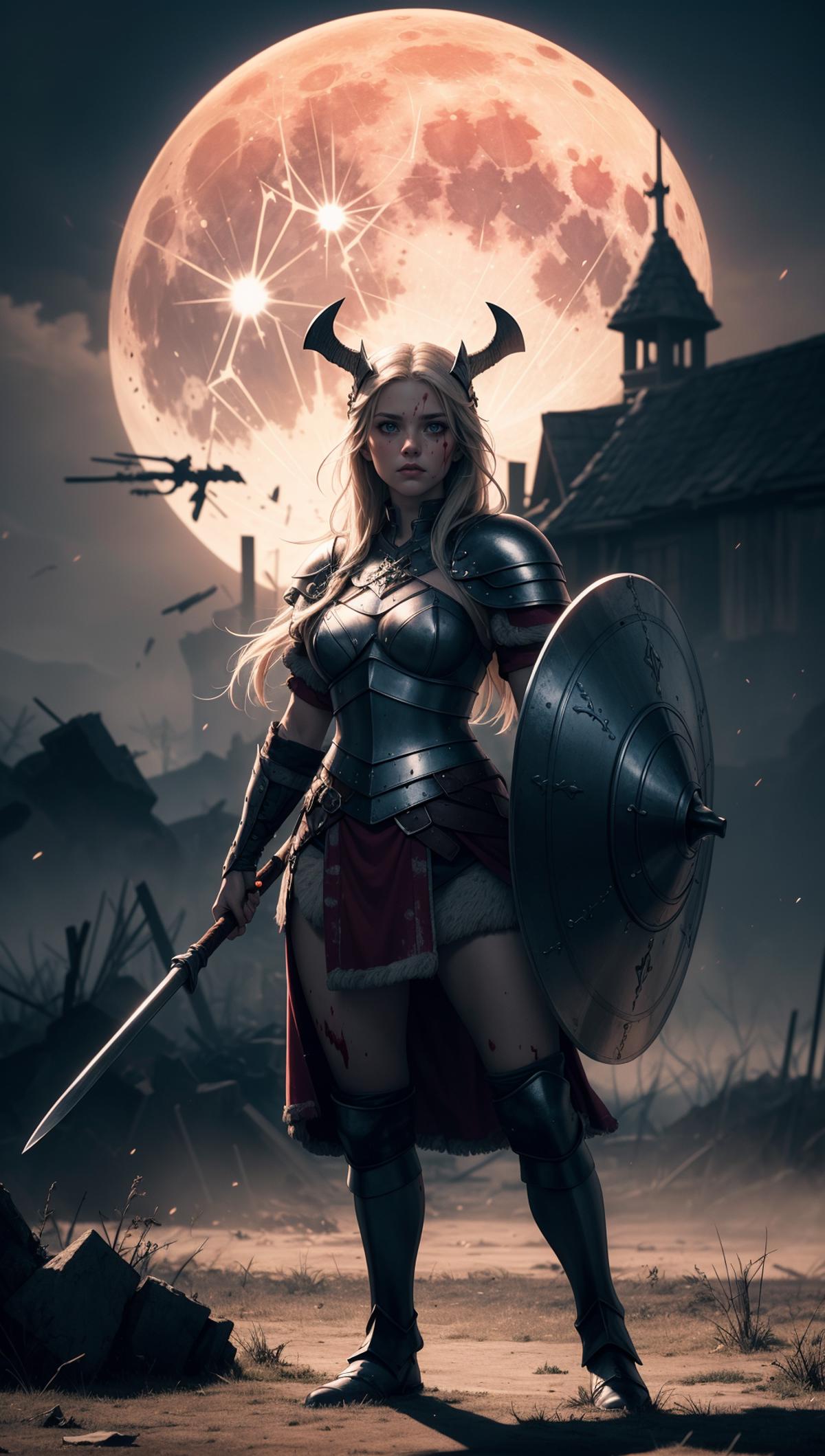A woman in armor standing in front of a full moon - SeaArt AI