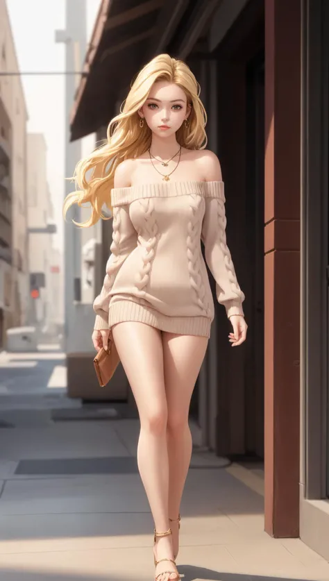 1girl in,22 years old,only,long hair,Looking at viewer,blonde hair,bare shoulders,brown eyes,jewelry,full body,necklace,off shoulders,Sweaters,Realistic,Sexy one,