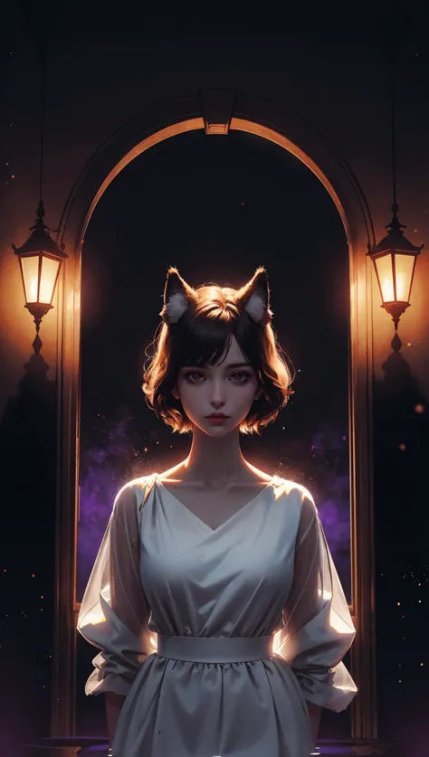 mythical doorway,1girl,(upper body:0.9),(gold eyes),inter-dimensional,witnessing greatness,mature female,spontaneous,deepness,(white ambience),creative,(silhouette:1.4),portrait,cosmic,(white dress),luxury,gold trim,effortless,wise,true,dark theme,darkness,righteousness,dark reflective water,ethereal,13,highest quality,best shadow,immaculate infrared,(ultra-violet),glass,(plants),bioluminescence,(planetary:0.8),light map,depth map,medium hair,floating hair,(particle dust),cinematic,(wolf ears),fluff,(maroon background:1.2),