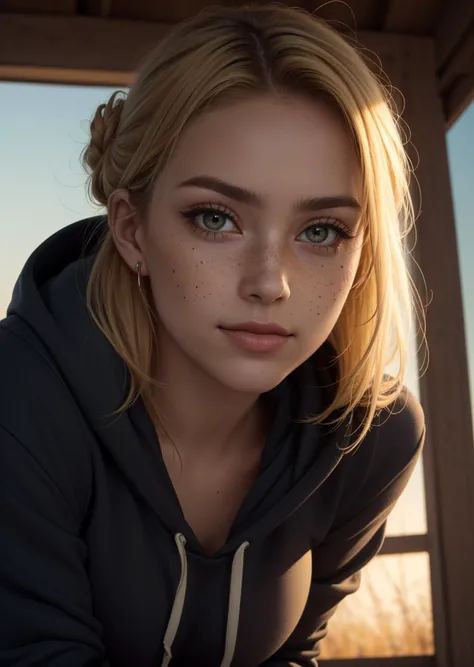 (masterpiece, best quality, hires, high resolution:1.2), (extremely detailed, realistic, intricate details, highres), 1girl, solo, blonde hair, Greek Goddess Updo, dark eyes, freckles, light smile, wearing hoodie with yoga pants, (small breasts, thick thighs, wide hips), lying face down, on stomach, head toward the camera, autumn, (cinematic lighting, volumetric, evening), looking at viewer, facing viewer, (extreme close-up-shot:1.2),