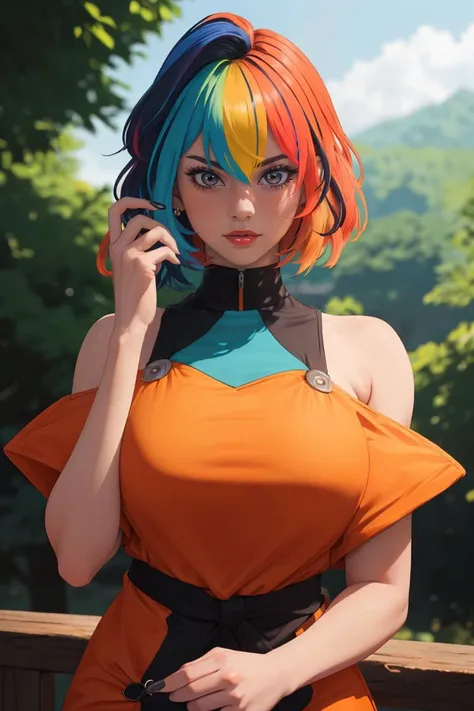 (person with vibrant multi-colored hair:1.5), red and orange hair, (short asymmetrical haircut:1.3), closed mouth,  standing,  (ultra detailed:1.4), (sharp focus:1.5), natural lighting, modern hairstyle, stylish look, outdoor setting, expressive colors, high detail, realistic texture,  <lora:backlight_slider_v10:-1> <lora:eyelashes_slider_v3:0.8> <lora:eyebrows_slider_v2:1> <lora:skin_slider_v2_1_FACE:0.5> <lora:breastsizeslideroffset:0.8>