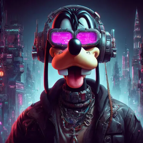 cinematic film still neonpunk style Goofy (Disney character), wearing super cool cyberpunk gear,looking at viewer, Neon city lights and Skyscrapers in the background, cyberpunk, vaporwave, neon, vibes, vibrant, stunningly beautiful, crisp, detailed, sleek, ultramodern, magenta highlights, dark purple shadows, high contrast, cinematic, ultra detailed, intricate, professional, shallow depth of field, vignette, highly detailed, high budget Hollywood film, bokeh, cinemascope, moody, epic, gorgeous, film grain