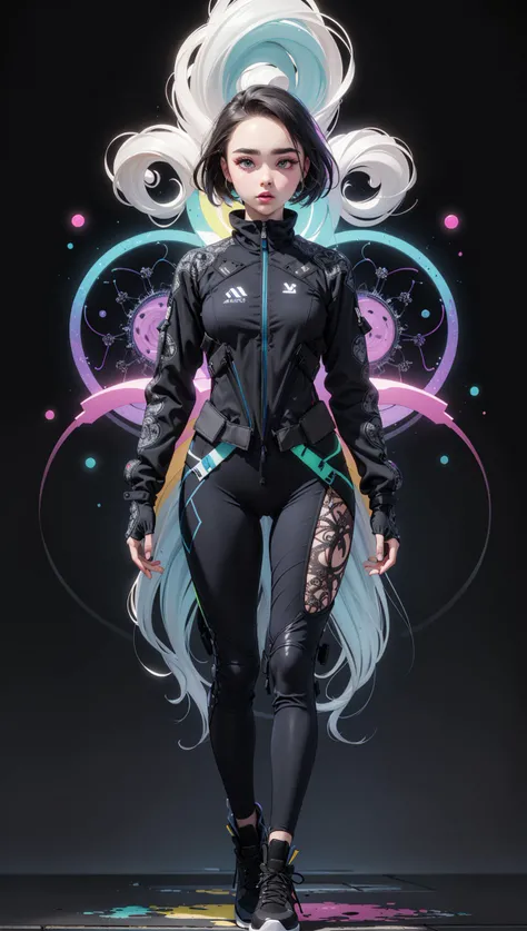 FlorencePugh,by Marc Samson,(multicolor, techwear fashion but extremely beautiful:1.4),(intricate details, masterpiece, best quality:1.4),in the style of Nicola Samori,DMT Art Style,bright colors,surreal visuals,swirling patterns,dark swirling background,DMT art style,perfect face,looking at viewer,walking,full shot,