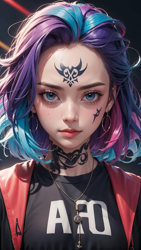upper body portrait,raw essence of a tattooed street style icon,rebellious energy,wearing oversized shirt with logos,vibrant graffiti as backdrop,edgy fashion,sense,confident gaze,colorful hair,light beams streaming through haze,