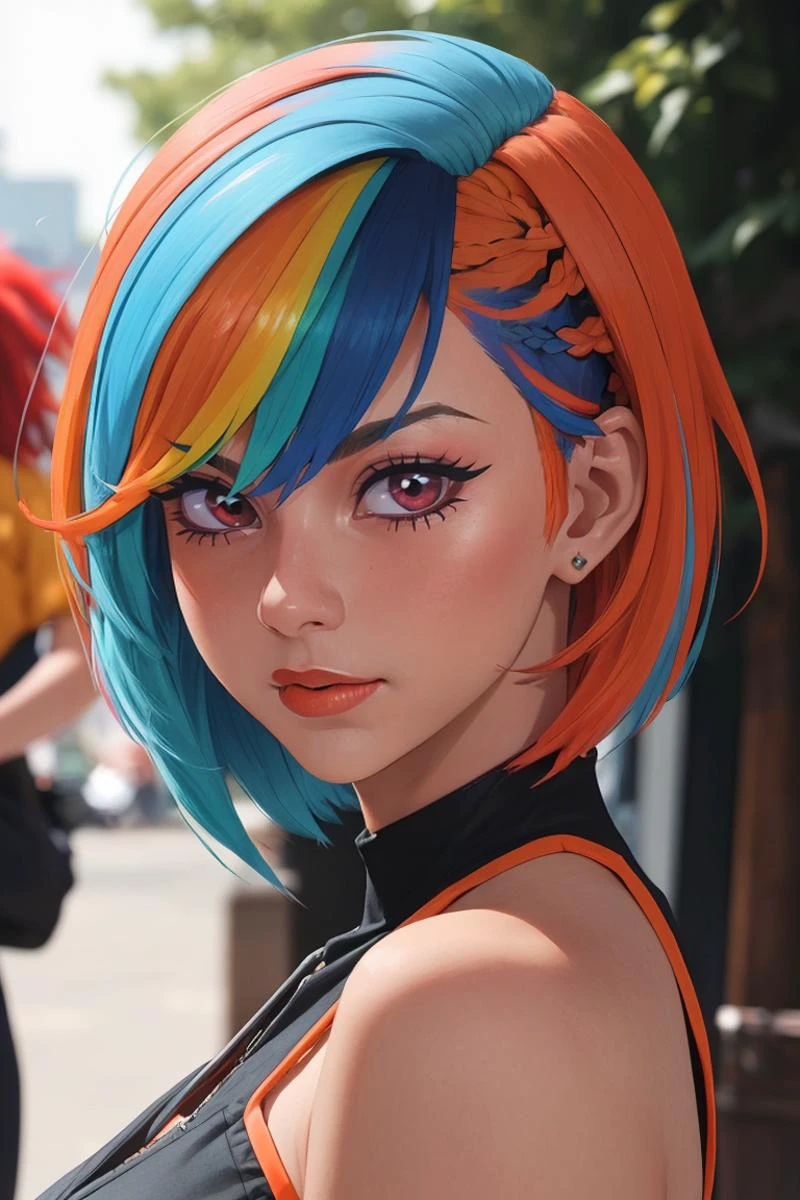 (person with vibrant multi-colored hair:1.5), red and orange hair, (short asymmetrical haircut:1.3), closed mouth, (ultra detailed:1.4), (sharp focus:1.5), natural lighting, modern hairstyle, stylish look, outdoor setting, expressive colors, high detail, realistic texture, <lora:backlight_slider_v10:-1> <lora:eyelashes_slider_v3:0.8> <lora:eyebrows_slider_v2:1> <lora:skin_slider_v2_1_FACE:0.5> <lora:breastsizeslideroffset:0.8>
