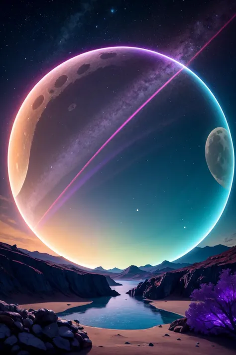 Create a mesmerizing, otherworldly landscape bathed in the soft, iridescent glow of three moons, each radiating a distinct hue - one in shades of azure, one in ethereal silver, and one in deep amethyst. In the foreground, an ancient, towering tree with iridescent bark stands sentinel, its leaves adorned with patterns that shimmer and shift like liquid mercury. Beneath the tree, a crystalline river flows, its waters reflecting the moons' colors, and fish with opalescent scales glide through the currents.
In the distance, floating islands composed of luminescent minerals hang suspended in the iridescent sky, casting a gentle, prismatic light upon the surreal terrain below. On one of these islands, a majestic, iridescent bird with wings that resemble stained glass soars gracefully, its feathers refracting the moonlight into a breathtaking display of colors.
As the viewer gazes upon this breathtaking scene, they can almost feel the gentle caress of the iridescent breeze, carrying with it the sweet scent of otherworldly blossoms that seem to pulse with a mesmerizing, hypnotic rhythm. The entire landscape seems to exist in a state of perpetual motion, as if it is a living, breathing entity, and the very air is charged with an otherworldly energy that transcends imagination.
This scene is a testament to the limitless wonders of the universe, a symphony of colors and light that evokes a sense of awe and wonder, transporting the observer to a realm where the extraordinary is the norm, and the beauty is beyond compare.