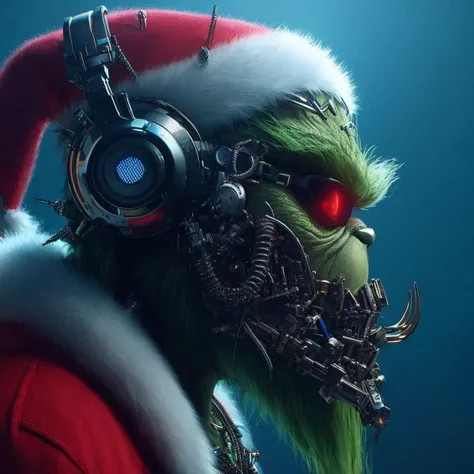 The Grinch, in cyberpunk gear, headset and goggles, plotting the next Christmas assault