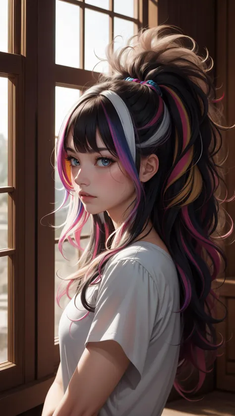 (masterpiece:1.1),(highest quality:1.1),(HDR:1),girl with really wild hair,mane,multicolored hairlighting,(from front:0.6),