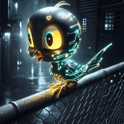 cinematic film still neonpunk style Tweety (Disney character) in a cyborg cyberpunk style bodysuit, sitting on a fence, under the rain, neon lights in the background, cyberpunk, vaporwave, neon, vibes, vibrant, stunningly beautiful, crisp, detailed, sleek, ultramodern, magenta highlights, dark purple shadows, high contrast, cinematic, ultra detailed, intricate, professional, shallow depth of field, vignette, highly detailed, high budget Hollywood film, bokeh, cinemascope, moody, epic, gorgeous, film grain