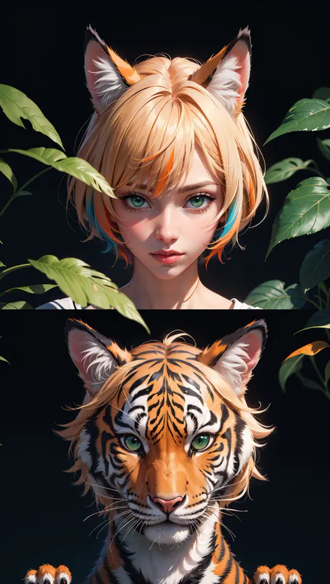 (masterpiece:1.1),(highest quality:1.1),(HDR:1),extreme quality,cg,(negative space),detailed face+eyes,1girl,fox ears,animal ear fluff,(plants:1.18),(fractal art),(bright colors),splashes of color background,colors mashing,paint splatter,complimentary colors,neon,(thunder tiger),compassionate,electric,limited palette,synthwave,fine art,tan skin,upper body,(green and orange:1.2),time stop,sy3,SMM,