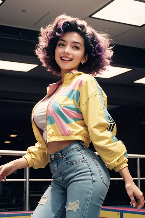 RAW photo, 8k (full portrait), woman in the 1990's, in a roller skating rink, her face lit up with laughter and joy, gliding in a colorful and patterned windbreaker, high-waisted jeans, and neon sneakers, embracing the fun and playful fashion of the decade, Layered curls, Pastel purple hair color, Top-heavy (larger bust and narrower hips), (analog style:1.2), (film grain:1.2), (high detailed shiny skin:1.2), 8k uhd, dslr, soft lighting, high quality, film grain, Fujifilm XT3, perfect lighting, perfect shading, <lora:FilmVelvia2:0.8>