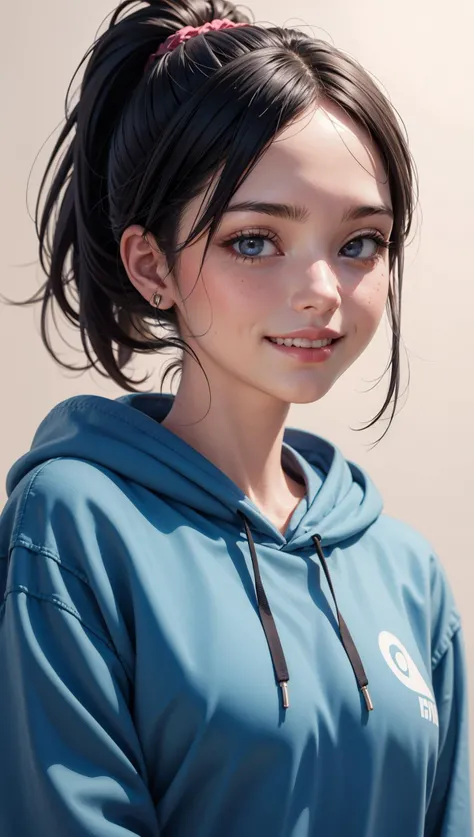 woman,age 20 years old,ponytail,smile,hoodie,portrait,(masterpiece, best quality, highres),