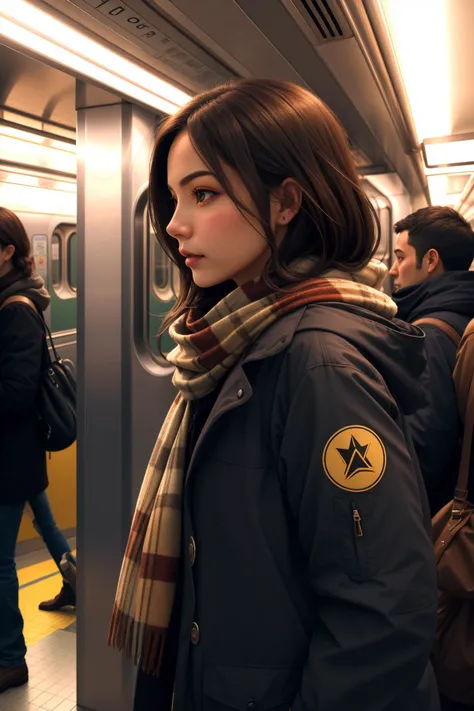 (best quality, masterpiece) photorealistic,lifelike rendering,1girl,chestnut,cowboy shot,side view,evening,night shot,a girl inside a subway station,subway train passing behind her,motion blur,film grain:1.2,winter jacket,scarf,Radiant Comfort, Golden Hour, Cozy Ambiance