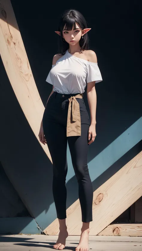 (8k, RAW photo, best quality, masterpiece:1.2),full body,(muscular girl),((short pointy ears)),black hair,(bangs),tan skin,elf,((Ultra-detailed)),(dark skin:0.6),standing,tight brown cotton pants,((loose white cotton shirt)),((full breast)),Right shoulder down to her elbow - swirling thin blue lines with random blue diamond shapes,