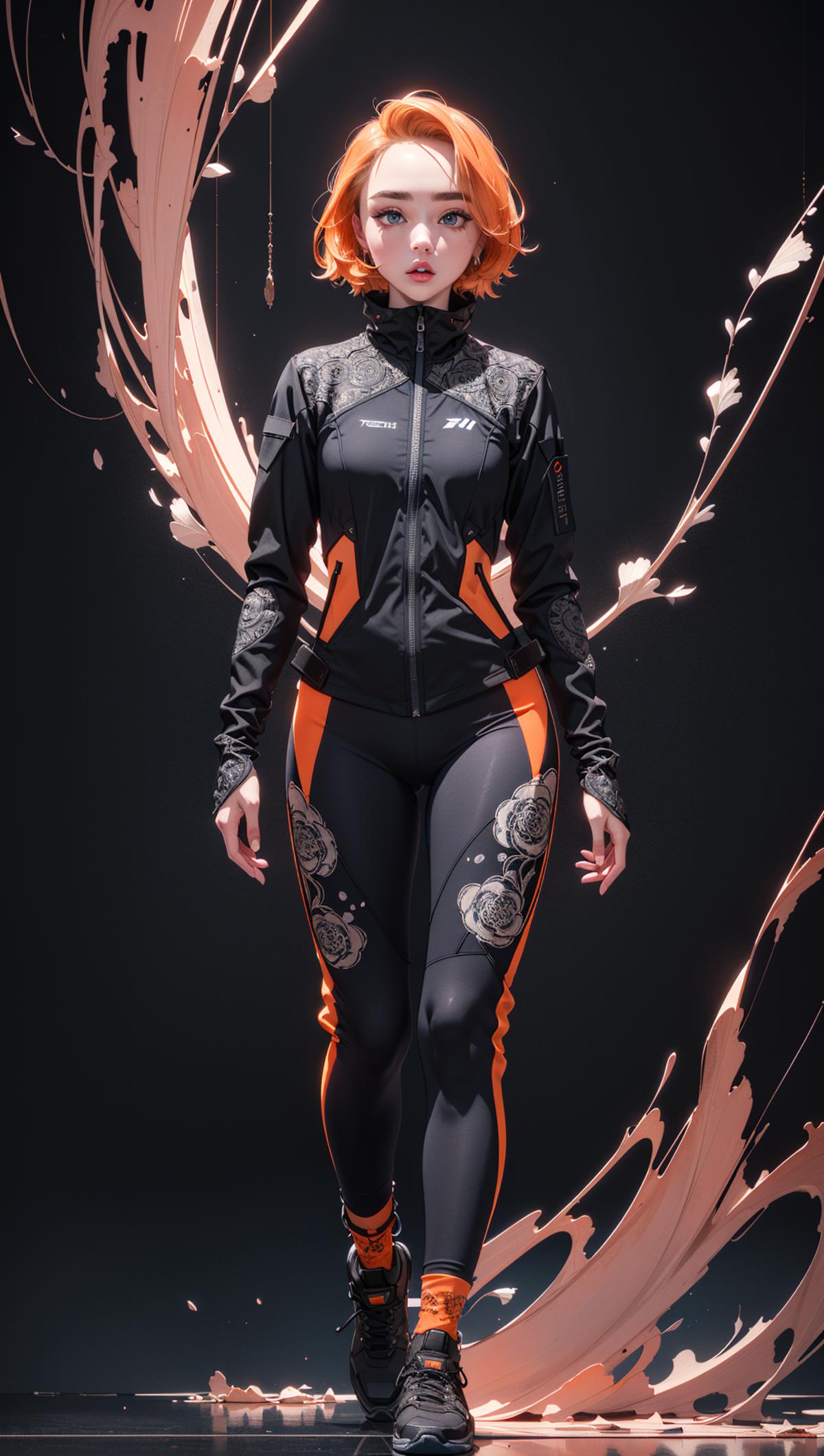 A woman in a black and orange outfit standing in front of a black ...