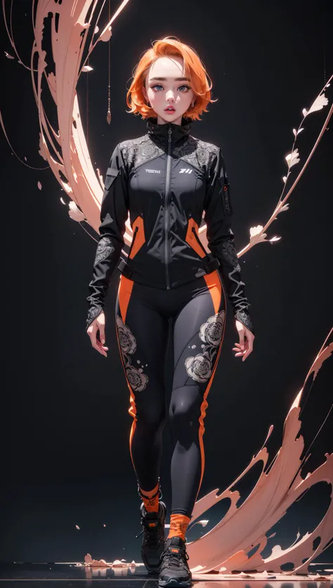 FlorencePugh,by Marc Samson,(orange, techwear fashion but extremely beautiful:1.4),(intricate details, masterpiece, best quality:1.4),in the style of Nicola Samori,DMT Art Style,bright colors,surreal visuals,swirling patterns,dark swirling background,DMT art style,perfect face,looking at viewer,