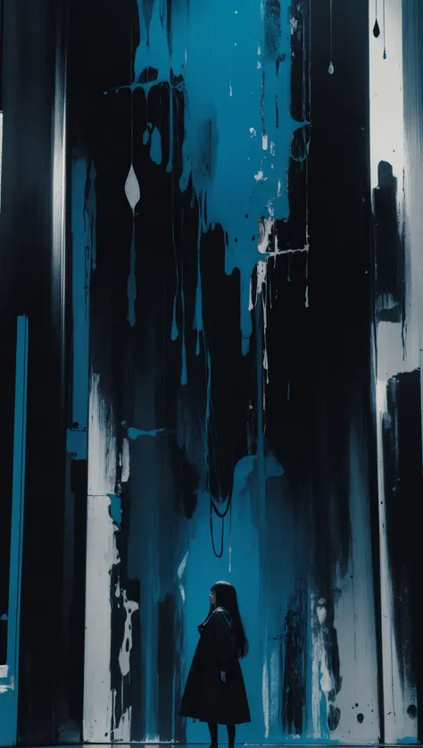 masterpiece,best quality,ultra high res,1girl,(abstract art:1.3),looking at viewer,despair,death presence,sadness,dark and blue theme,pathetic,cowboy shot,beautiful woman,suicide,