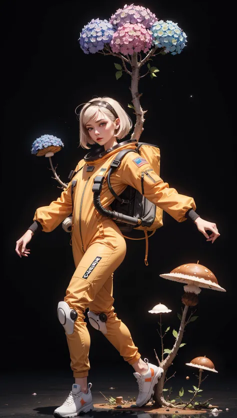 insanely detailed procedural render expressive dynamic fluid action scene of yellowcake hydrangea mycelium spacesuit protects the dancing coolest girl from doom as the planet they stand sends spores surround her,photorealism,sharp focus,award winning,tristan eaton,victo ngai,maxfield parrish,artgerm,ryden,intricate details,portrait,bokeh,