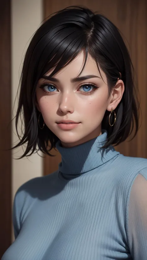 Realistic,photo of a beautiful woman,close up,short black hair,HairDetail,beautiful finely detailed eyes,EyeDetail,wearing blue turtleneck sweater,earrings,looking at viewer,smirk,OverallDetail,