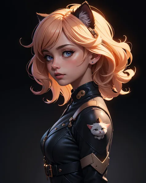 (masterpiece:1.1), (highest quality:1.1), (HDR:1.0), negative space, black background, (ultra-detailed, immaculate:1.3), epic, illustration, 1girl, (resourceful:1.3) cute catgirl, [:costume design:0.2], official art, dramatic violet lighting from above, in a wonderful, African megacity, messy hair, glowing blonde hair, medium hair, from side