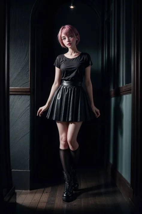 RAW photo, (goth girl), (style of Sarah Moon:1.4), eerie, dark theme, Confusion, Tulle skirt, band tee, and combat boots, V-shaped cut, Rainbow hair color, Slender (lean and elongated with minimal curves), Cursed swampland with twisted trees and glowing eyes, (film grain:1.2), (high detailed skin:1.2), 8k uhd, dslr, soft lighting, high quality, film grain, Fujifilm XT3, detailed skin, skin blemish, <lora:more_details:0.7> <lora:skinny_new_skin:0.25> <lora:LowRA:0.7>