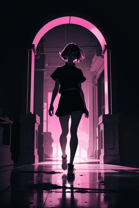 (silhouette:1.25),1girl,dark background,blacklight,mid shot,full body,somber expression,looking down,dark energy,vibrant magenta,portal to another world,flat color,flat shading,ultra realistic,highres,superb,8k wallpaper,extremely detailed,intricate,limited palette,pink,
