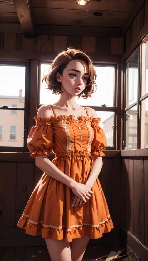 FlorencePugh,Parisienne dress,feminine pose,well-lit wooden structure,abandoned Wild West ghost town,late afternoon,colorful red orange yellow light,very emotional camera angle,medium format camera,in the style of (Life Magazine),