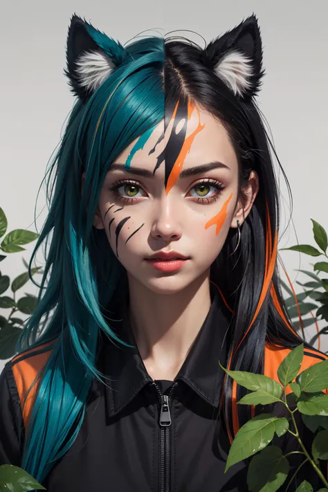 (masterpiece:1.1), (highest quality:1.1), (HDR:1.0), extreme quality, cg, (negative space), detailed face+eyes, 1girl, fox ears, animal ear fluff, (plants:1.18), (fractal art), (bright colors), splashes of color background, colors mashing, paint splatter, complimentary colors, neon, (thunder tiger), compassionate, electric, limited palette, synthwave, fine art, tan skin, upper body, (green and orange:1.2), time stop, sy3, SMM