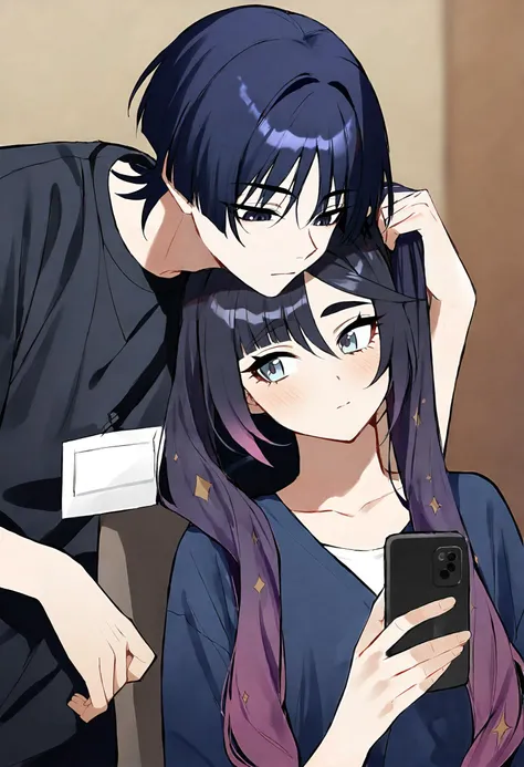 mona \(genshin impact\), scaramouche \(genshin impact\), 1boy, 1girl, black eyes, black hair, blunt bangs, blunt ends, blush, closed mouth, eyelashes, gradient hair, grey eyes, hair between eyes, long hair, multicolored hair, parted bangs, pink hair, short eyebrows, side ponytail, sidelocks, alternate costume, black shirt, shirt, white shirt, cellphone, couple, flashing, grabbing another's arm, hand in another's hair, hand on another's head, head on another's shoulder, hetero, holding, holding phone, looking at phone, possessive, upper body, alternate universe, phone, perfect, hand, best quality, masterpiece, absurdres, <lora:add-detail-xl:1> <lora:hand 4:1>