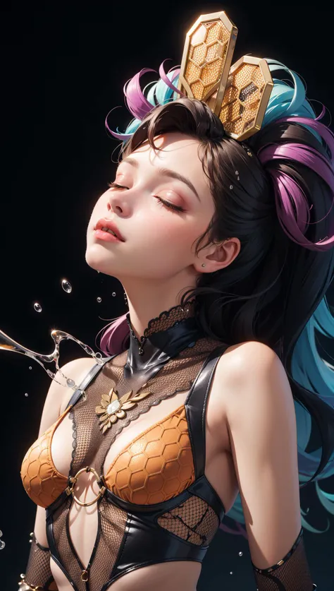 masterpiece,best quality,1girl,closed eyes,upper body,splashing,abstract,psychedelic,neon,(honeycomb pattern),(creative:1.3),sy3,SMM,fantasy00d,