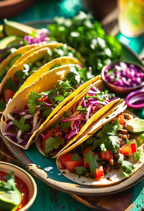 vibrant, colorful plate of (delicious tacos:1.3) with (fresh ingredients:1.2), (salsa:1.1), (avocado:1.2), and (cilantro:1.1), street food setting, (warm sunlight:1.2), inviting atmosphere, by (David Loftus:1.4), food photography, rich textures, high detail, appetizing presentation, trending on Instagram.