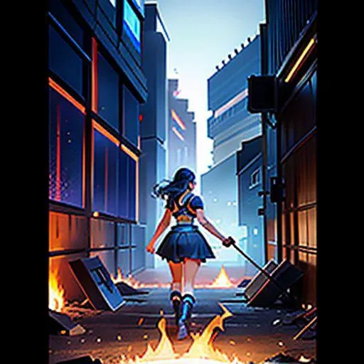 a woman walking through a wall of fire, 1girl, blue skin, blue crop top, blue skirt, blue heel boots.