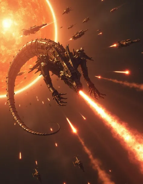 A colossal mechanical dragon, its body made of steel and flames, battling a fleet of spaceships in orbit around a dying star. The dragon breathes fire that warps space itself, while the ships fire beams of light that bend and twist in the heat.