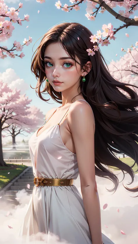 ((best quality)),((masterpiece)),ultra detailed background ((Cherry Blossoms)),(22 years old Spanish woman),medium breast,wearing flowing dress,golden brown flowing hair glamour,(green eyes),beautiful face,((white mists:1.4)),(pink dust:1.2),mysterious,mysteries of universe,yellow lightnings,volumetric lightnings,dark and blurry background,