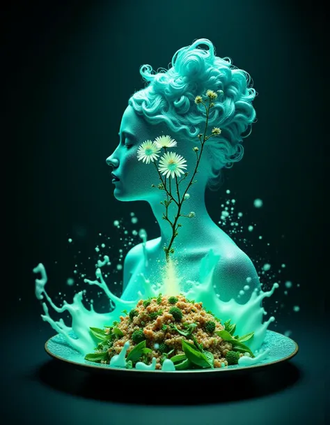 digital art, rear angle of a pretty Thai (pilaf:1.2) , Mint green flowers, Simple and clean, Spiritual, Excessivism, hard light, F/2.8, electric blue splash, artistic, D&D, <lora:Flux_DoubleExposure:1.3> Jeddblexpsre,double exposure, dynamic dramatic atmosphere, extremely stylish, dynamic cinematic perfect background, original, very coherent, fabulous colors