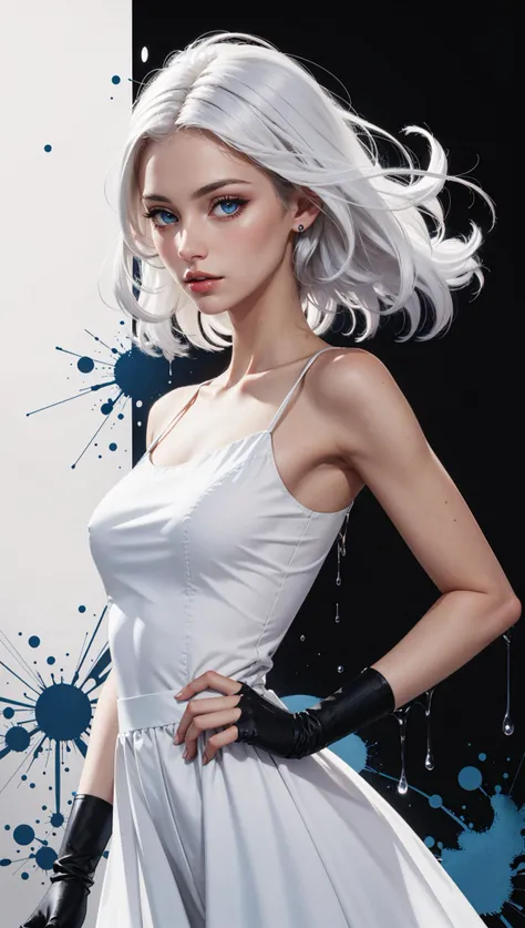 a woman with white hair and blue eyes is in a white dress with a black background and a splash of paint,