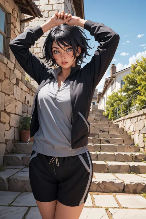 1girl, (tomboy:1.5), black hair, messy hair, grey eyes, residential area, crew neck, crew cut, unzipped jacket, piercing, outdoors, stone floor, stone stairs, railing, arms up,
masterpiece, best quality, <lora:breastsizeslideroffset:0.4> <lora:weight_slider_v2:0.3> <lora:age_slider_v6:1>, <lora:skin_slider_v1:0.5>