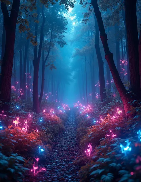 A neon jungle where the plants are made of pure light, their leaves glowing in every color of the spectrum. Holographic animals dart between the trees, while the sky above pulses with swirling patterns of energy.