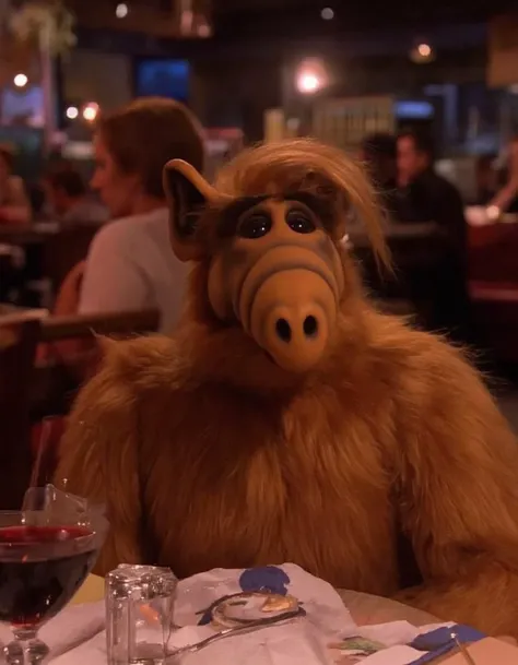 realistic photo of ALF, the character on a dinner date, looking at the viewer, ultra high quality, very detailed skin (wrinkles, skin pores, blemishes:1.1), sharp focus, highly detailed, skin details, <lora:Datelora-000017.TA_trained (1) (1):0.75>, food, pov, on a date, table, drinking glass, 1girl, wine glass, restaurant, pov across table, indoors <lora:ALF:1>