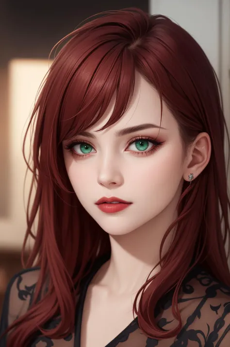 photo of 30yo psycho woman, pale skin, expensive dark-red glossy-lipstick, expensive cateyes makeup, dark red hair, green eyes, hyperrealistic, masterpiece, uhd, 16k, intricate details
