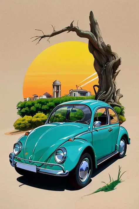 Create a whimsical, image of the Greek god Orpheus driving a white 1970s Volkswagen Beetle. Orpheus should be easily recognizable with his traditional lyre prominently displayed, perhaps resting on the passenger seat or held in one hand as he drives. The scene should be playful and vibrant, with Orpheus looking joyful and engaged in the activity. The Volkswagen Beetle should have a cheerful and classic design, capturing the essence of the 1970s era. Add some elements of ancient Greek mythology in the background, such as columns or vines, to blend the ancient and modern themes seamlessly